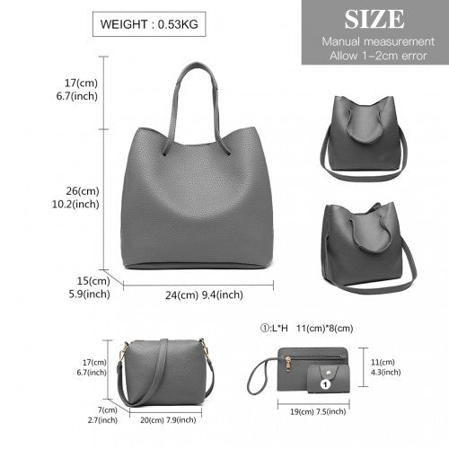 Miss Lulu 4 Piece Set Shoulder Tote Handbag - Grey