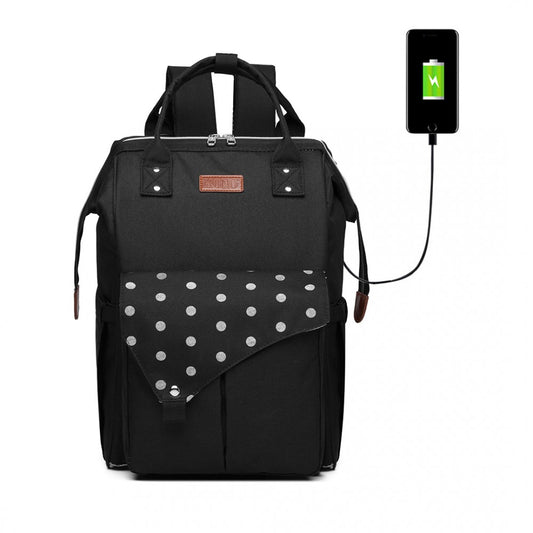 Kono Polka Dot Maternity Backpack Bag With USB Connectivity - Black