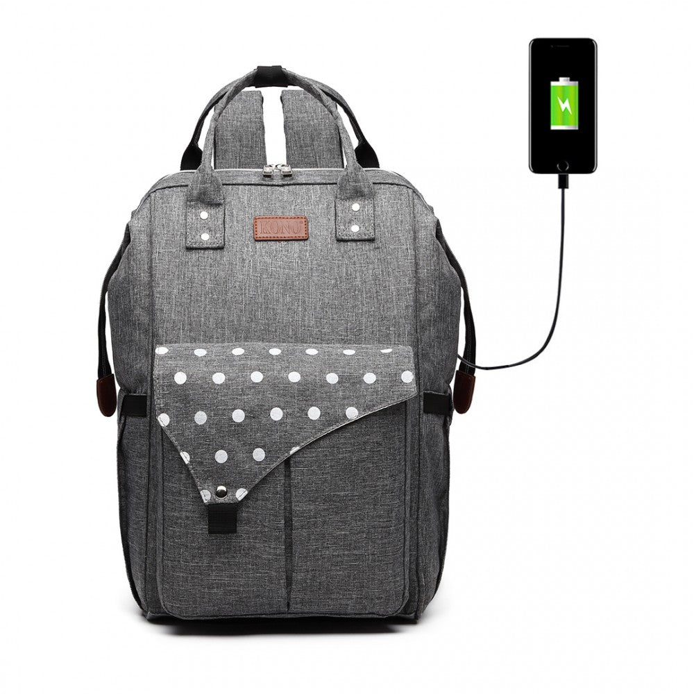 Kono Polka Dot Maternity Backpack Bag With USB Connectivity - Grey
