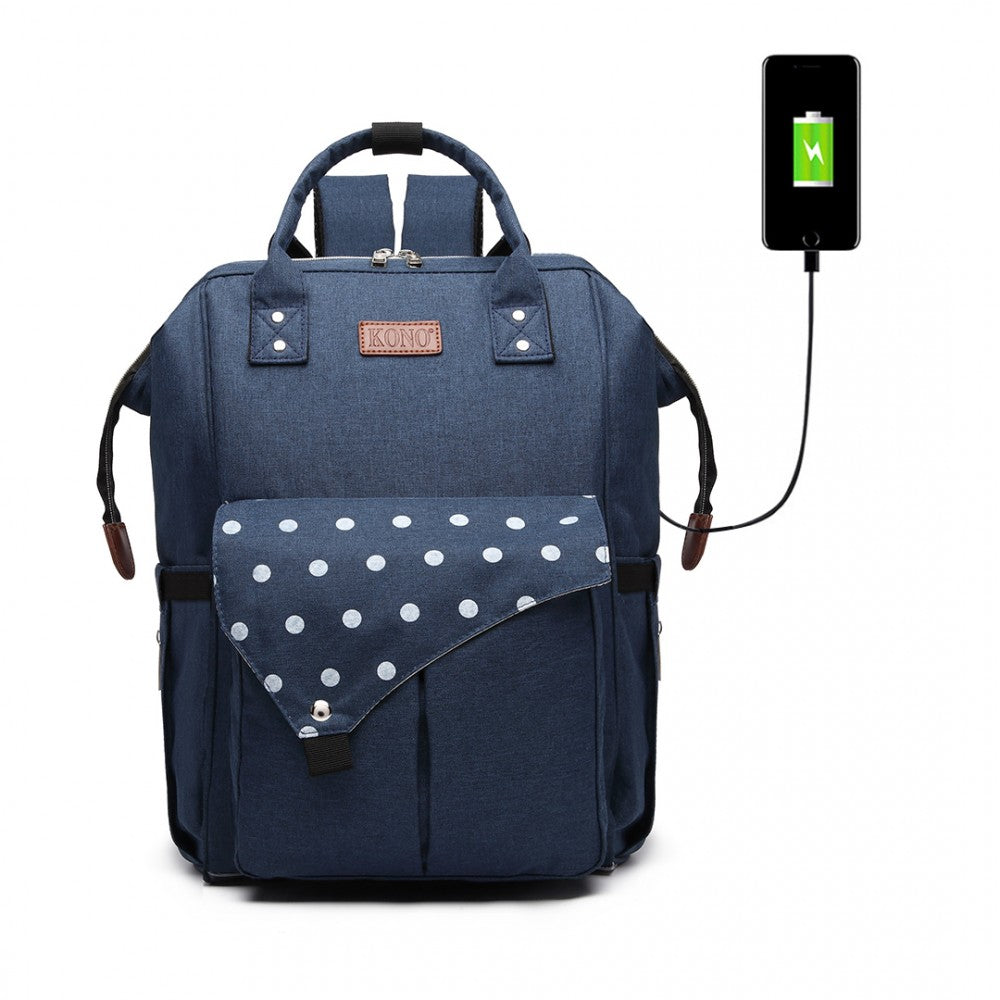 Kono Polka Dot Maternity Backpack Bag With USB Connectivity - Navy