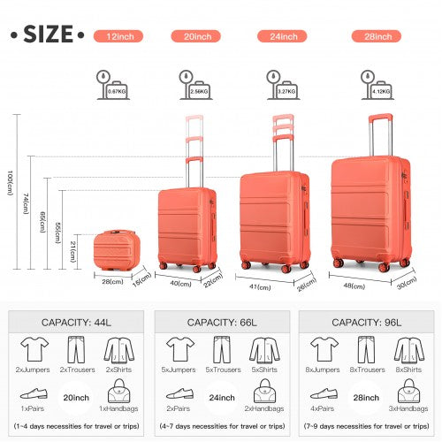 Kono Abs Sculpted Horizontal Design 4 Pcs Suitcase Set With Vanity Case - Coral