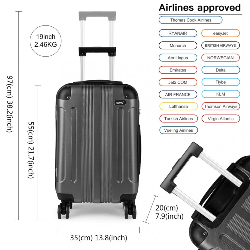 Kono 19/24/28 Inch Abs Hard Shell Suitcase 3 Pieces Set Luggage - Grey