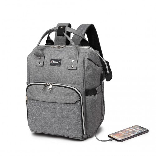 Kono Plain Wide Opening Baby Nappy Changing Backpack With USB Connectivity - Grey
